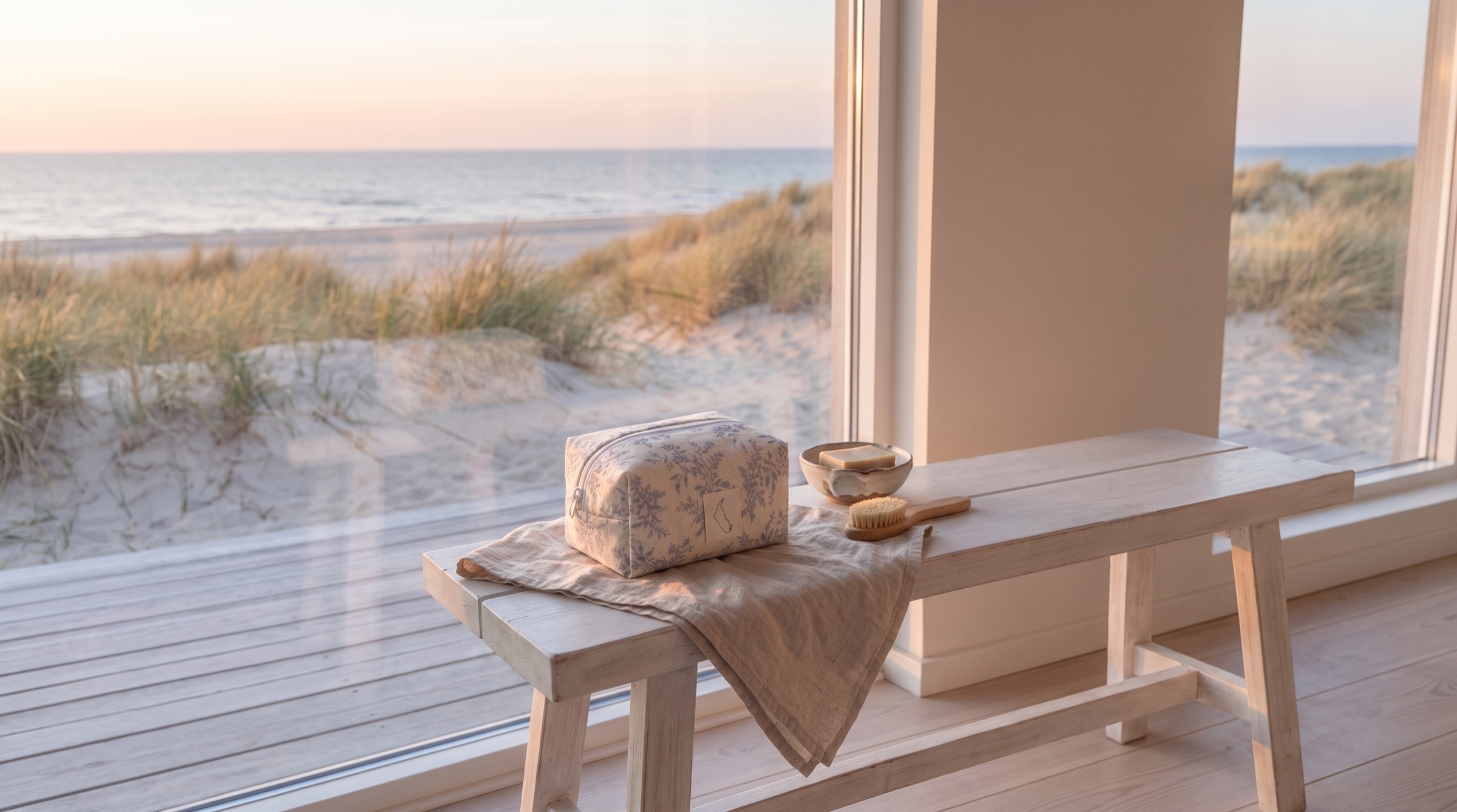 Blick aus dem Atelierfenster auf Dünen und Meer im Abendlicht, davor eine genähte Tasche auf einer Holzbank