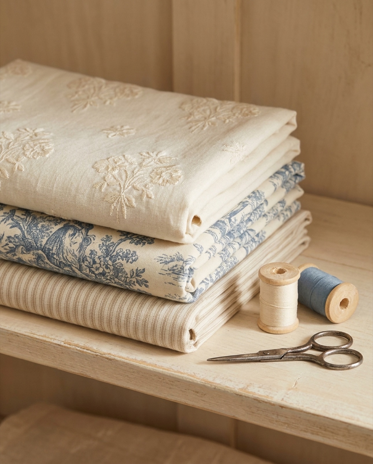 Gefalteter Stapel aus Leinen mit Stickblüten, staubblauem Toile und feinen Streifen, daneben Garnrollen